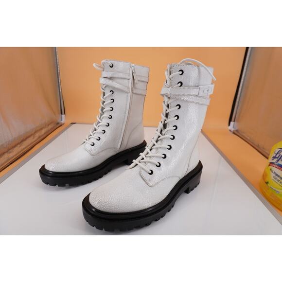 Tory Burch Combat White Crackled Suede Lace Up Ankle Boots SZ 10 Lug Logo $495 - Picture 2 of 9